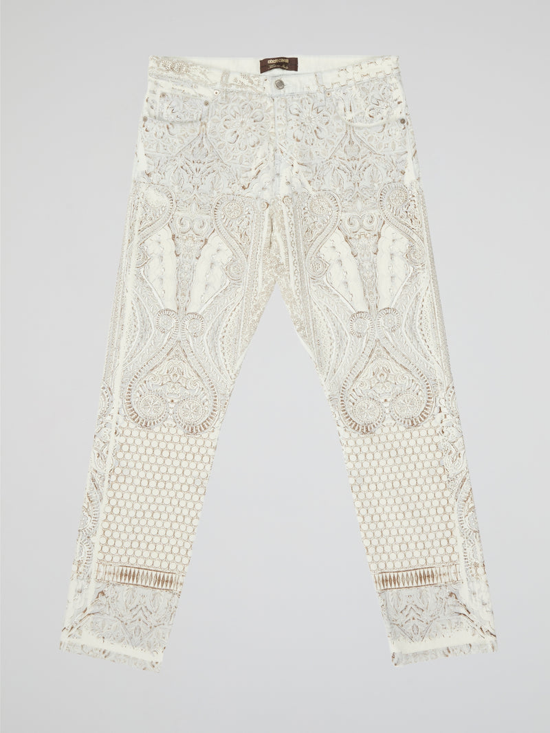 White Intricate Lace-Embroidered Slim Fit Trousers