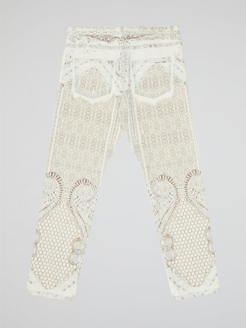 White Intricate Lace-Embroidered Slim Fit Trousers