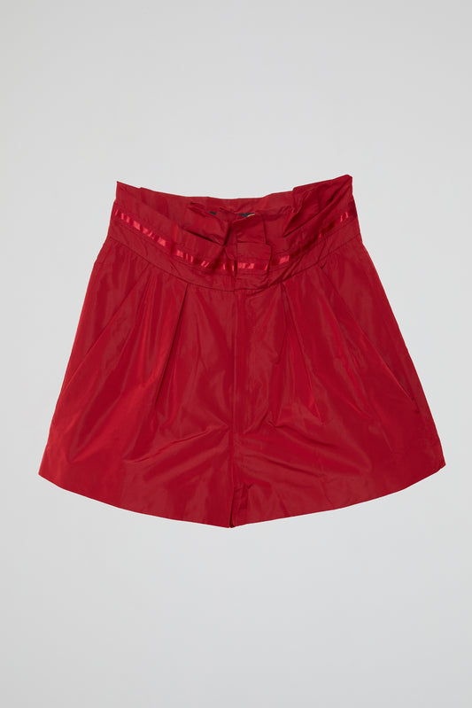 Red Satin High-Waisted Shorts with Bow Detail