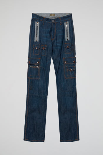 Blue Multi-Pocket Denim Cargo Pants