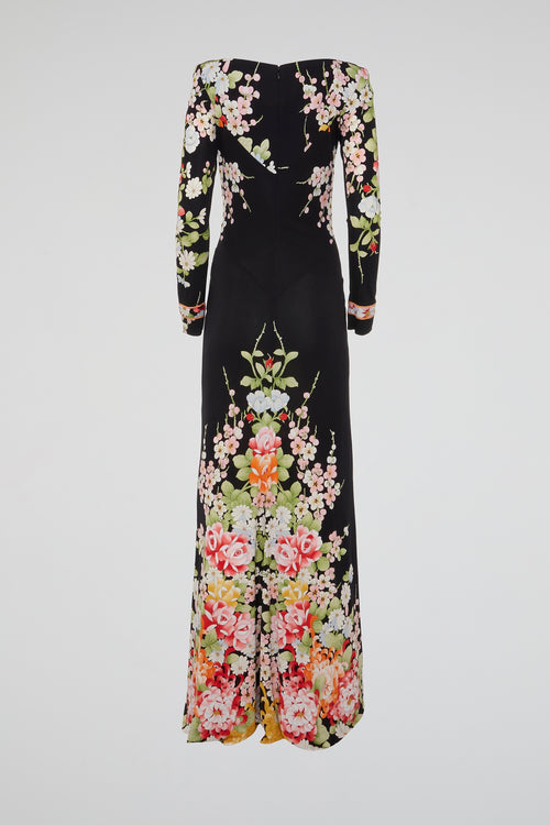 Black Floral Gown with Asymmetrical Detailing