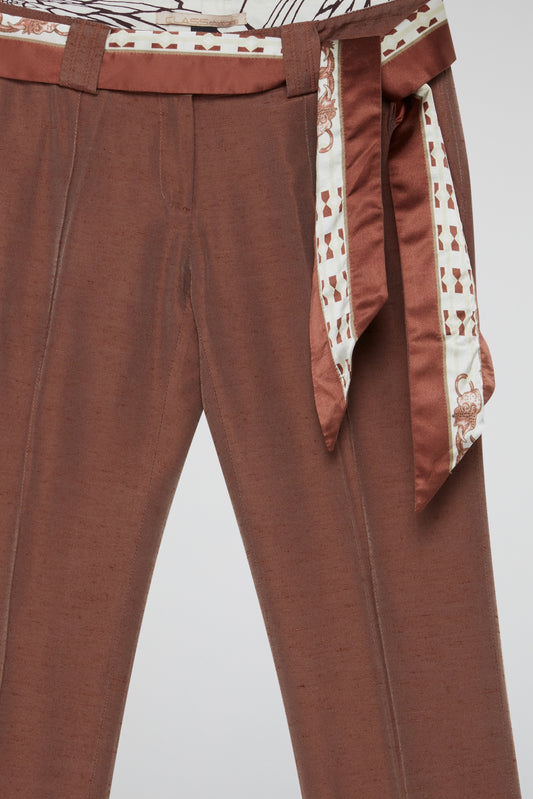 Brown Tailored Trousers with Silk Scarf Belt