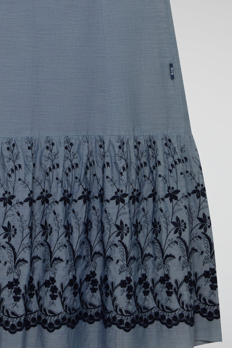 Blue Wrap Skirt with Embroidered Hem