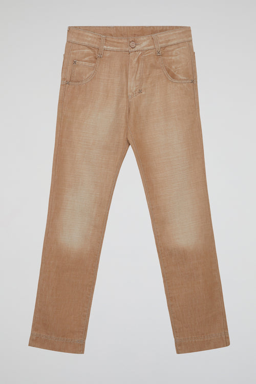 Brown Vintage-Wash Straight-Leg Jeans