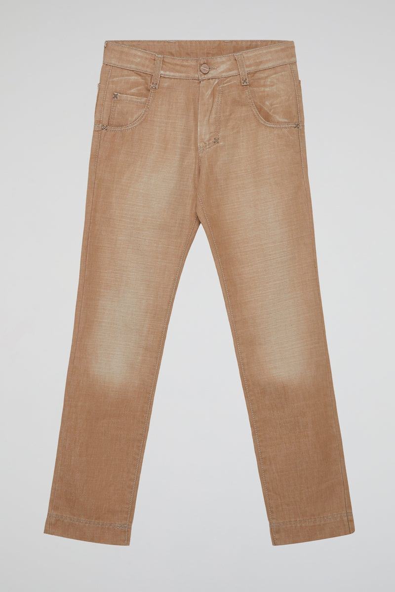 Brown Vintage-Wash Straight-Leg Jeans