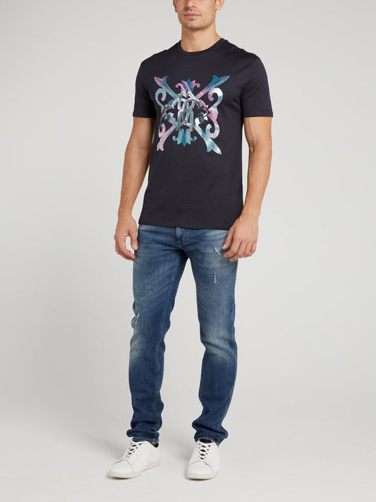 Navy Baroque Print Logo T-Shirt