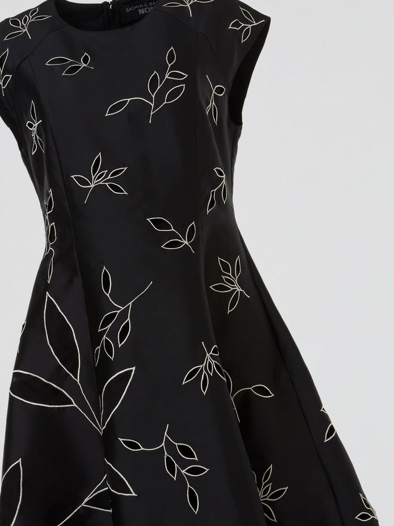 Black Botanical Embroidered Flare Midi