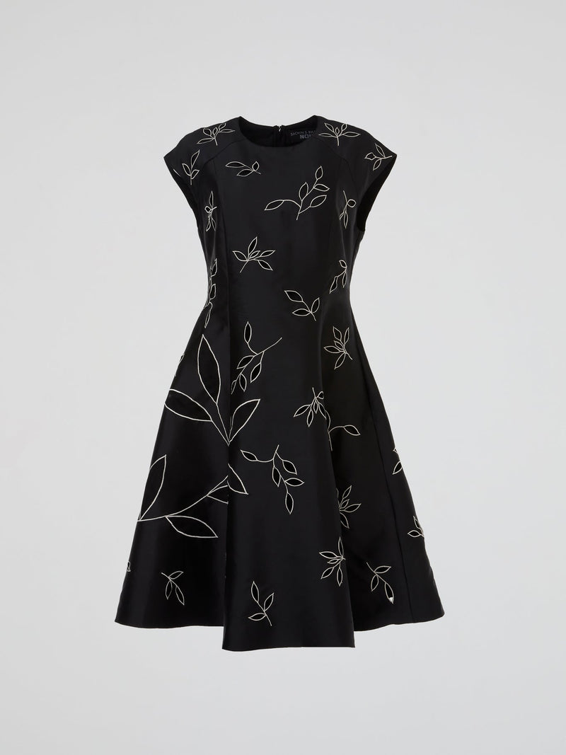 Black Botanical Embroidered Flare Midi