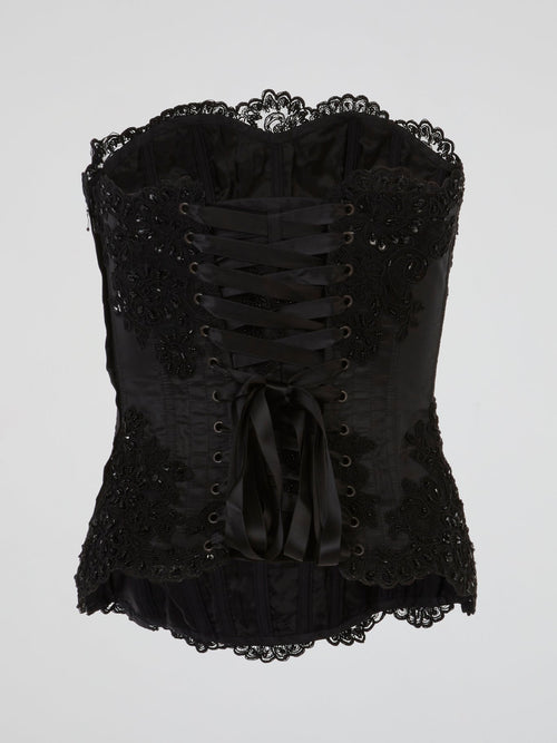 Black Floral Embellished Corset Top