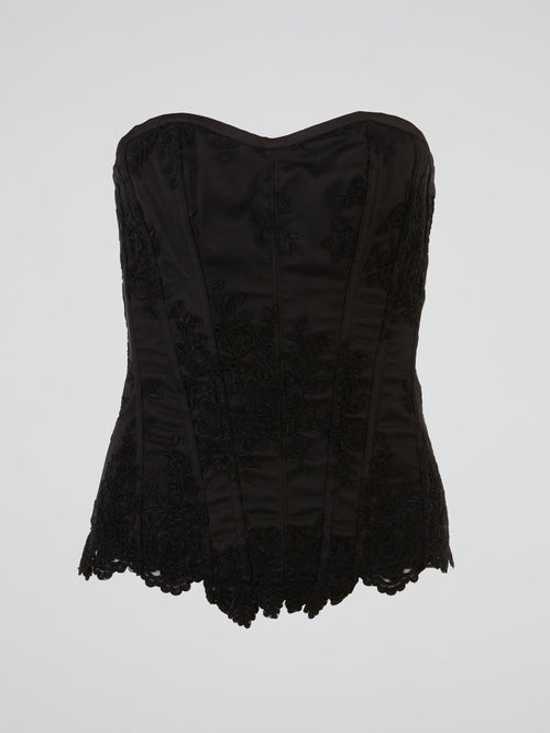 Black Embroidered Satin Corset Top