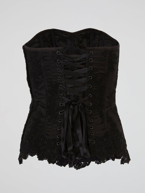Black Embroidered Satin Corset Top