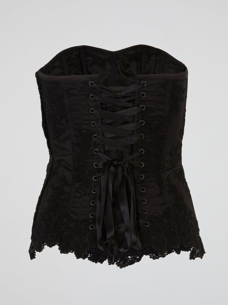 Black Embroidered Satin Corset Top