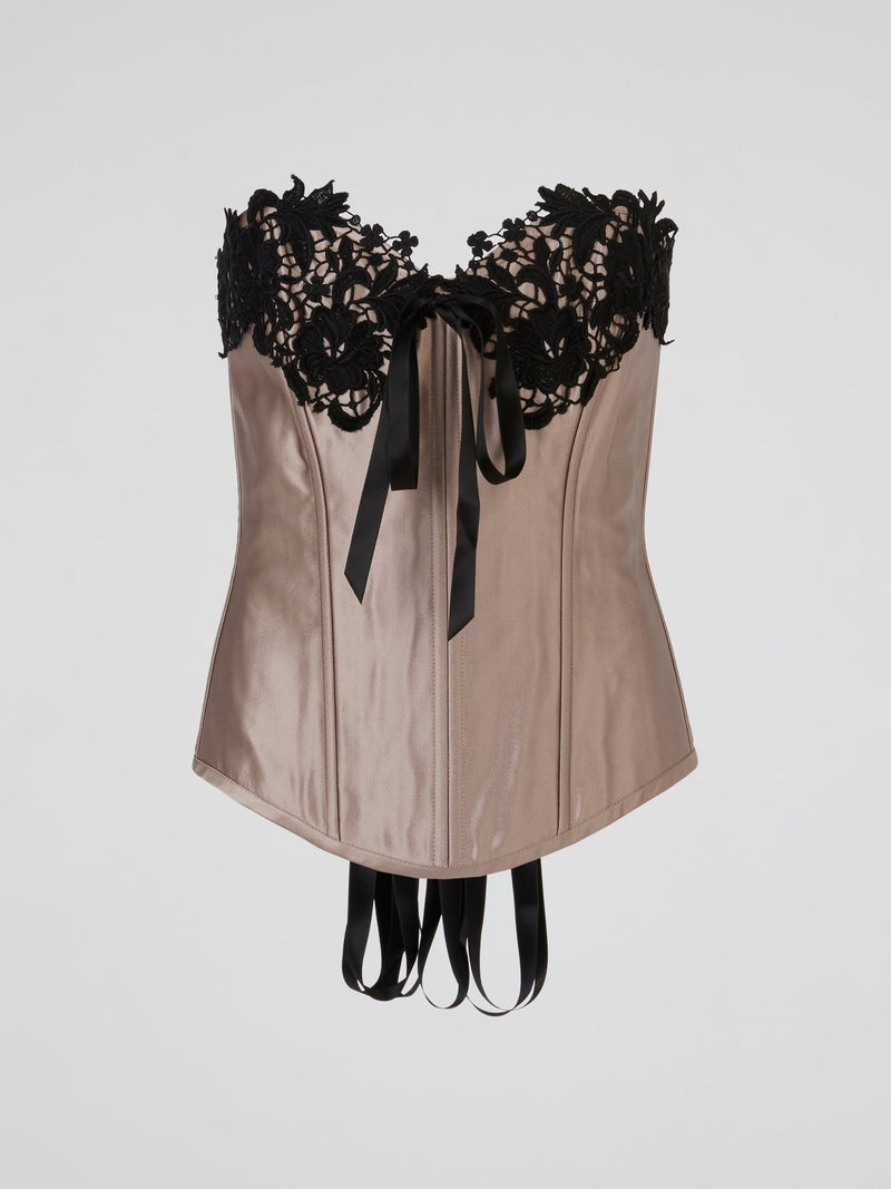 Beige Satin Black Lace-Up Corset Top