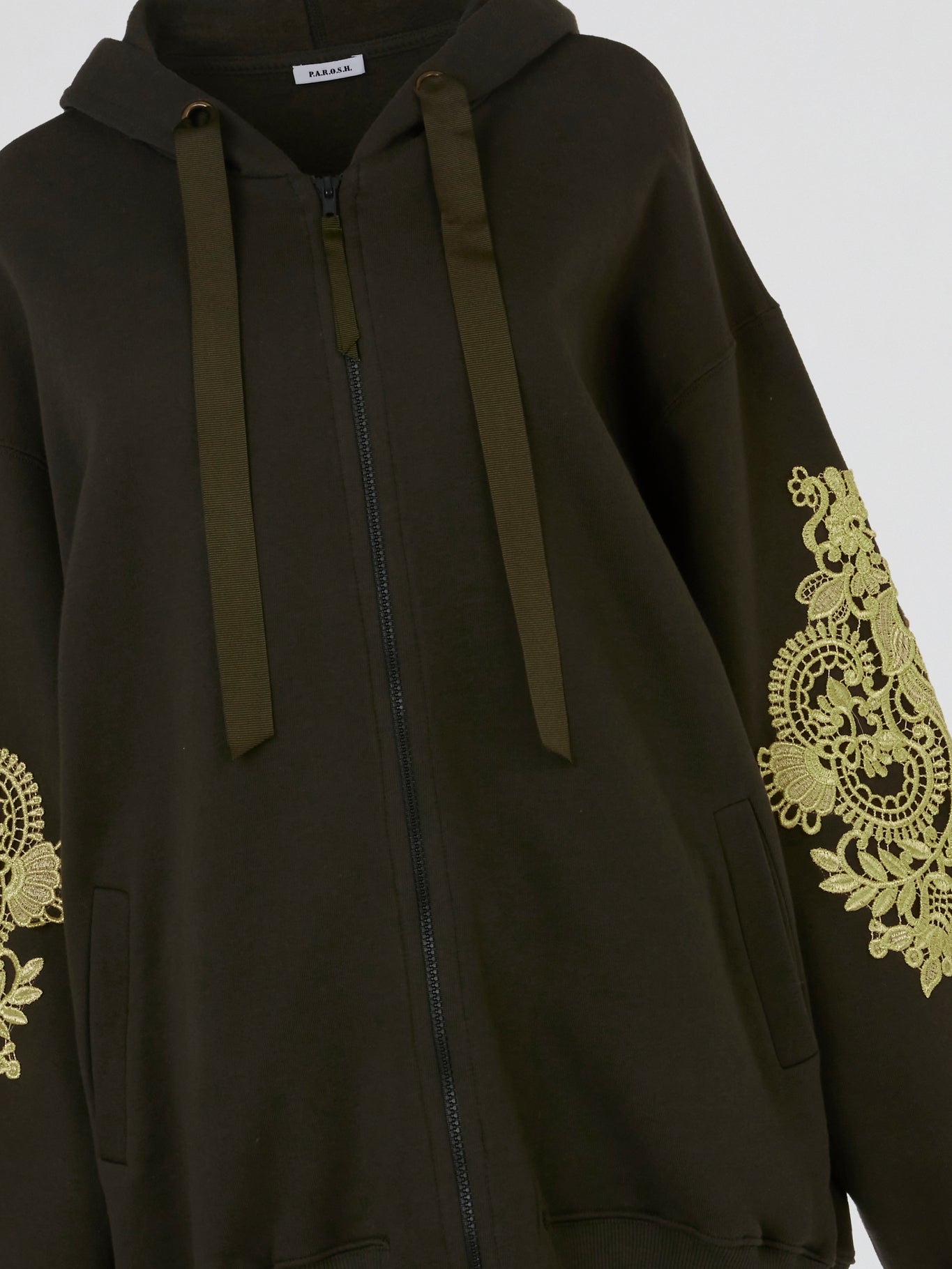 Olive Baroque Embroidered Full Zip Hoodie