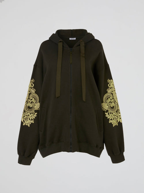 Olive Baroque Embroidered Full Zip Hoodie