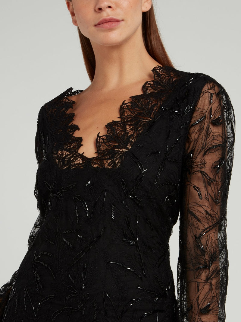 Black Lace Overlay V-Neck Dress