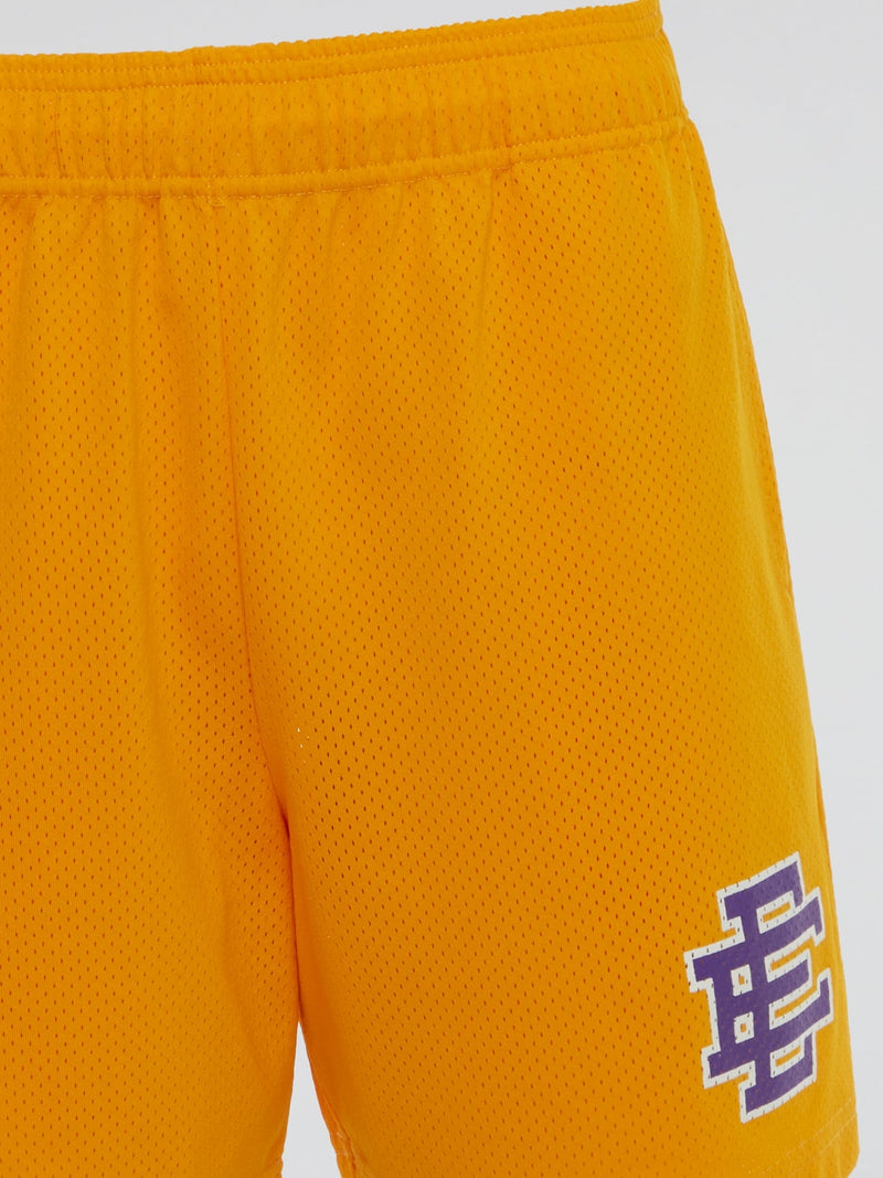 Yellow Perforated Logo Shorts