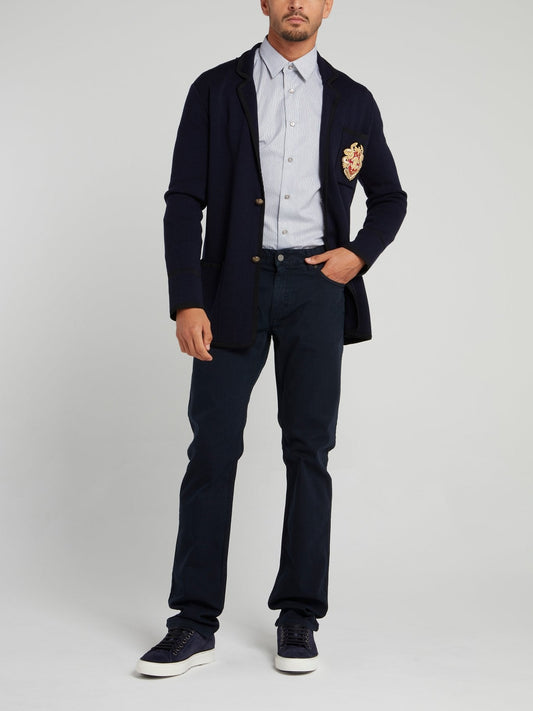 Navy Embroidered Knit Blazer