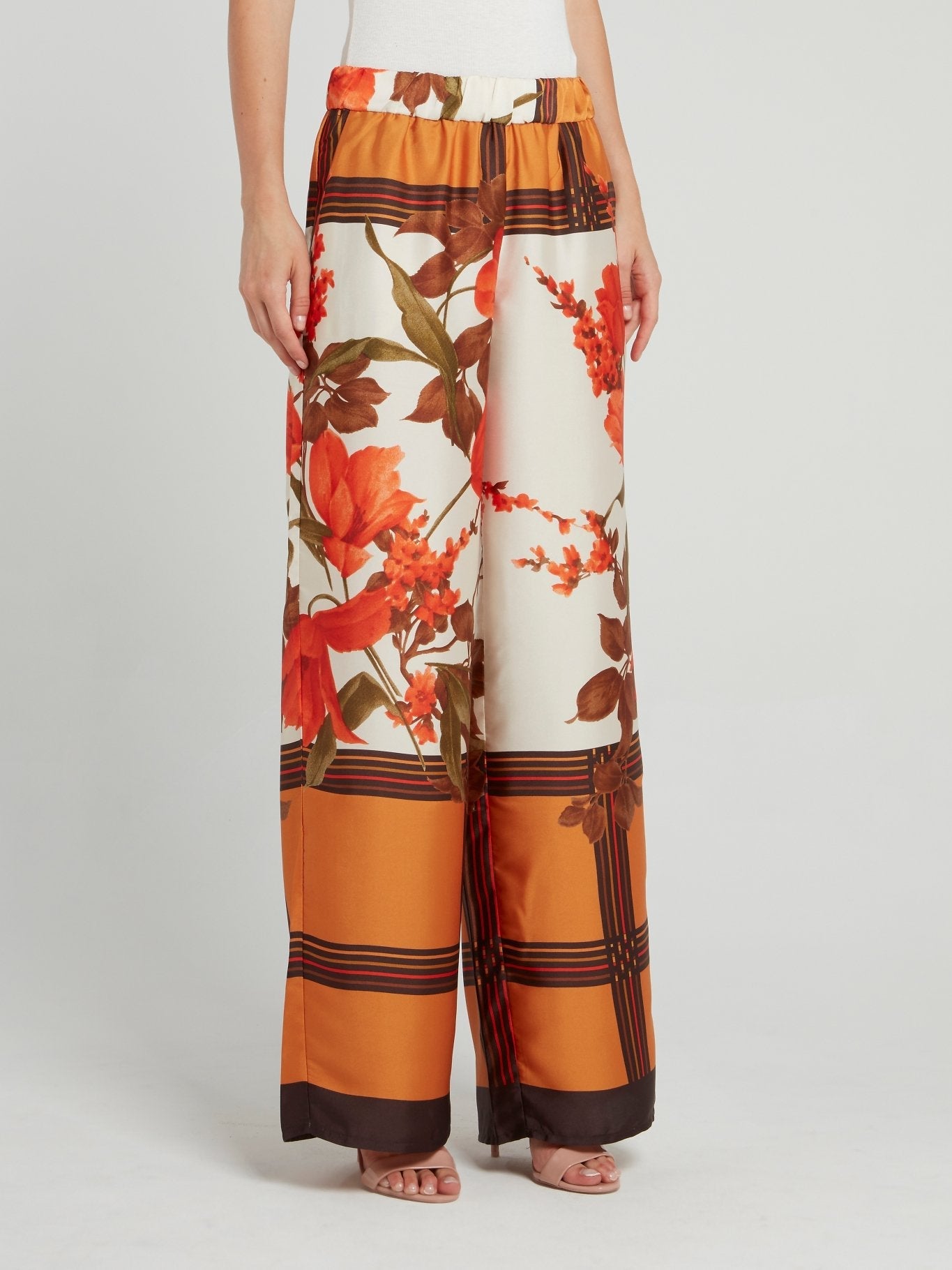 Orange Check Floral Wide Leg Pants