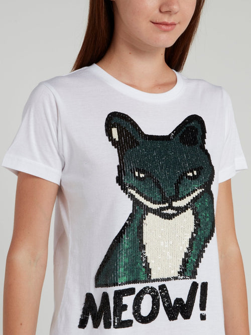 White Sequin Cat T-Shirt