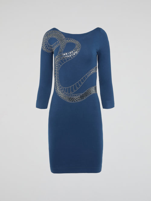 Blue Serpent Embellished Bodycon Dress