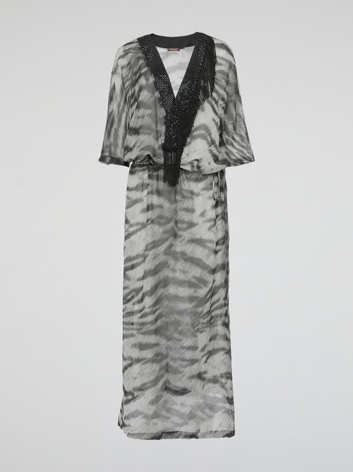 Grey Mirage Fringe-Embellished Long Kaftan