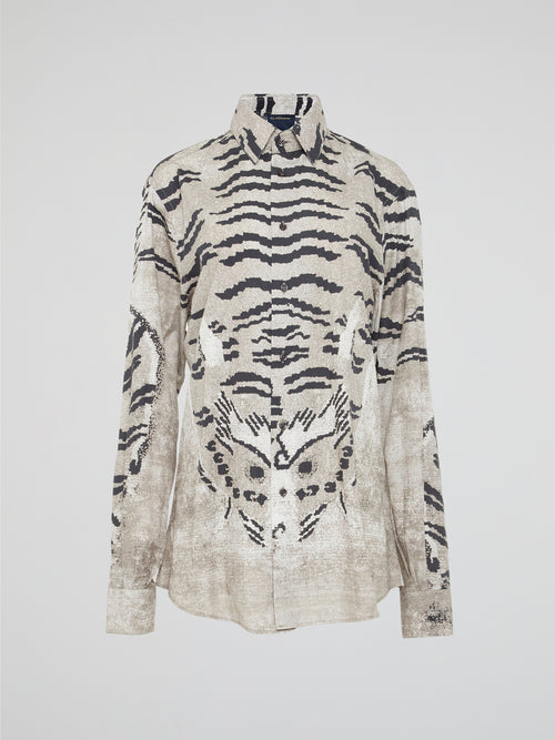 White Tiger Print Button-Up Shirt