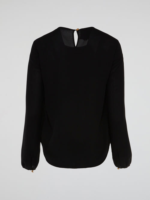 Black Mesh Button Long Sleeve Blouse