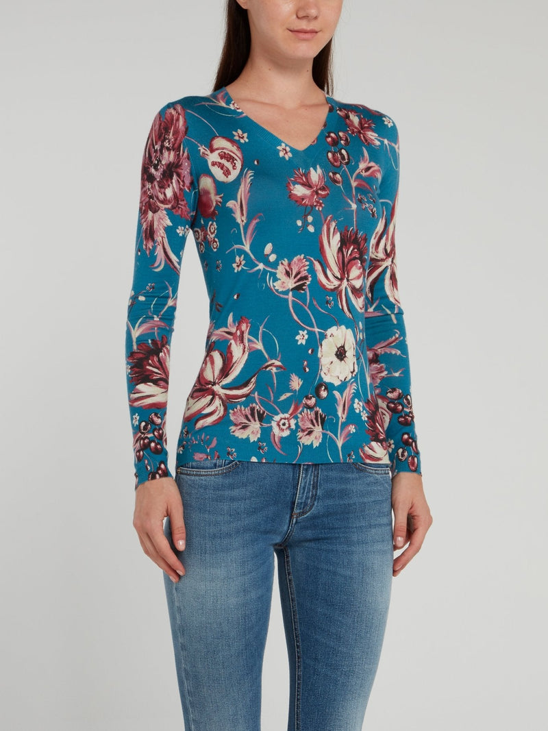 Blue Floral Print V-Neck Top