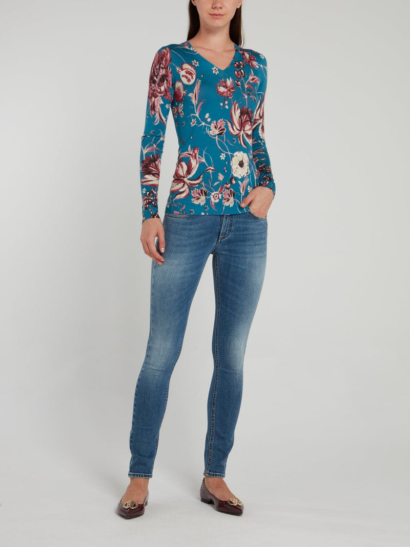 Blue Floral Print V-Neck Top