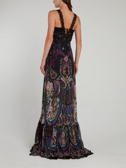 Black Paisley Print Lace Strap Maxi Dress