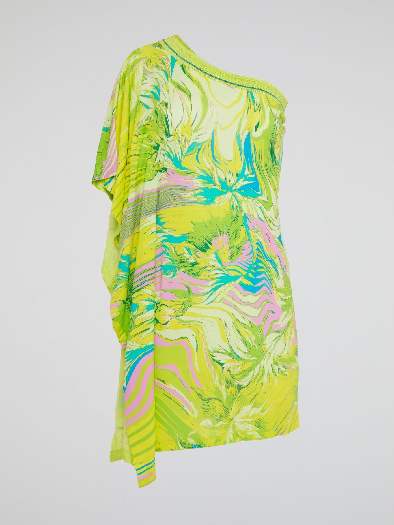 Embrace your bold and adventurous side with this vibrant green printed asymmetrical mini dress by Roberto Cavalli. The unique design is sure to turn heads and make a statement wherever you go. Express your personal style and stand out from the crowd in this traffic-stopping piece.