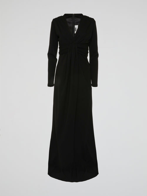 Black Long Sleeve V-Neck Evening Dress