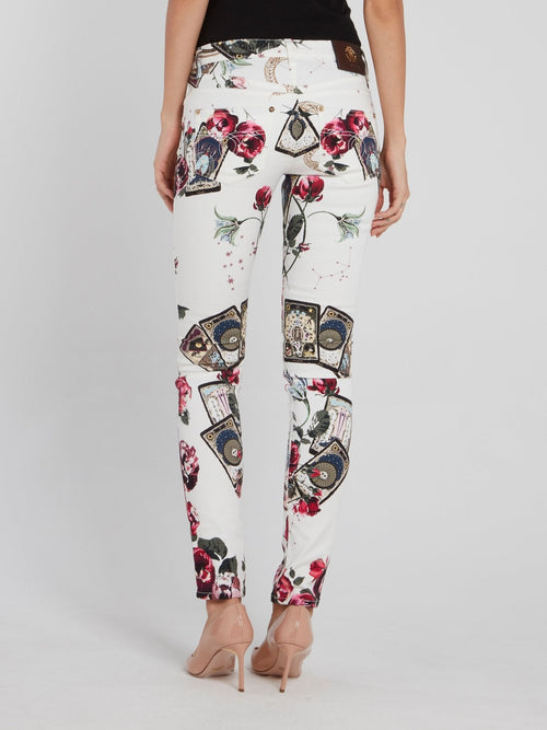 Floral Print Denim Skinny Trousers