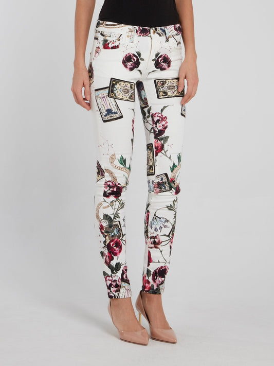 Floral Print Denim Skinny Trousers