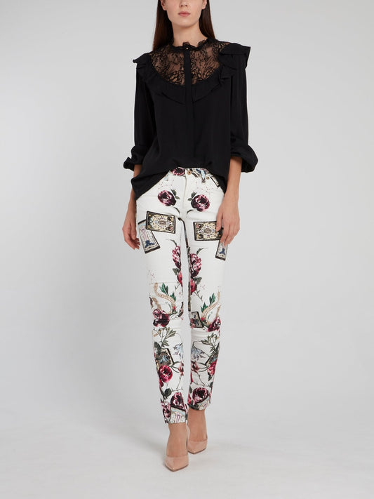 Floral Print Denim Skinny Trousers