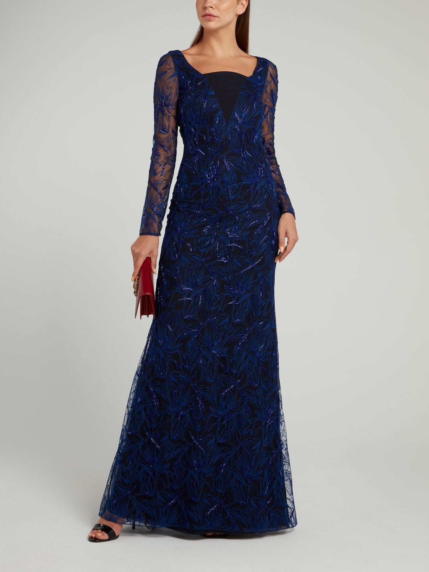 Navy Lace Overlay Square Neck Dress