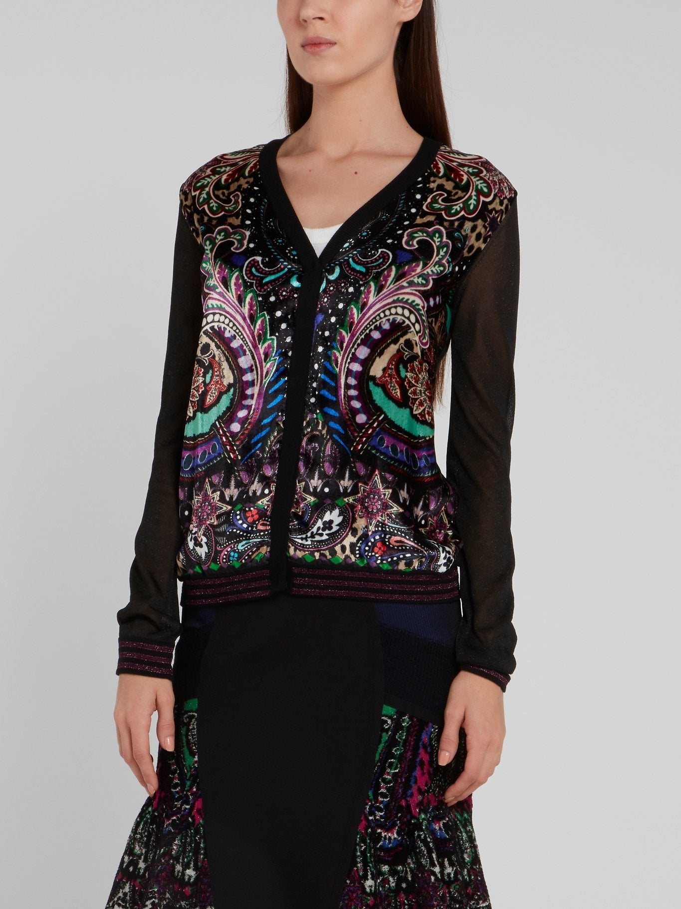 Black Paisley Print Glitter Edge Cardigan