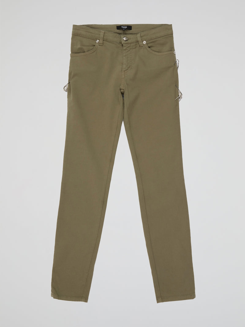 Step into effortless style and timeless elegance with the Olive Straight Cut Pants by Versus Versace. Crafted from luxurious olive green fabric, these pants feature a flattering straight-leg silhouette that elongates the legs and accentuates your curves. Whether paired with a crisp white blouse for a polished office look or a sleek leather jacket for a night out, these pants effortlessly exude sophistication and flair.