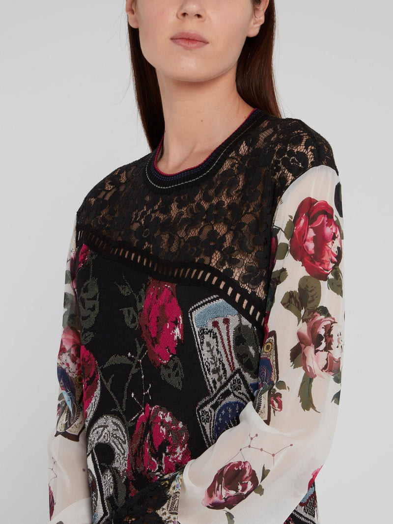 Printed Lace Panel Knitted Pullover