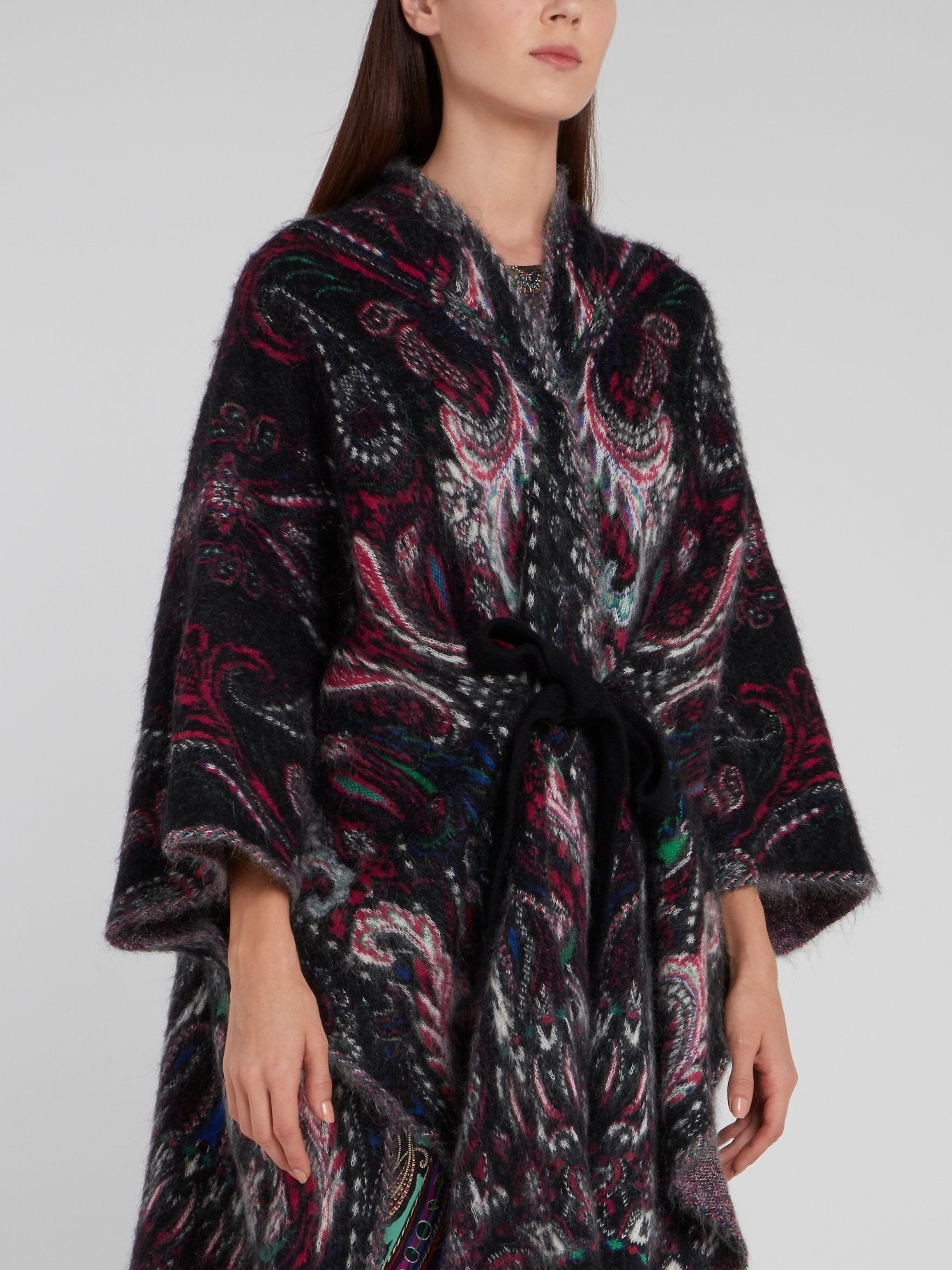 Black Paisley Print Tie Front Coat