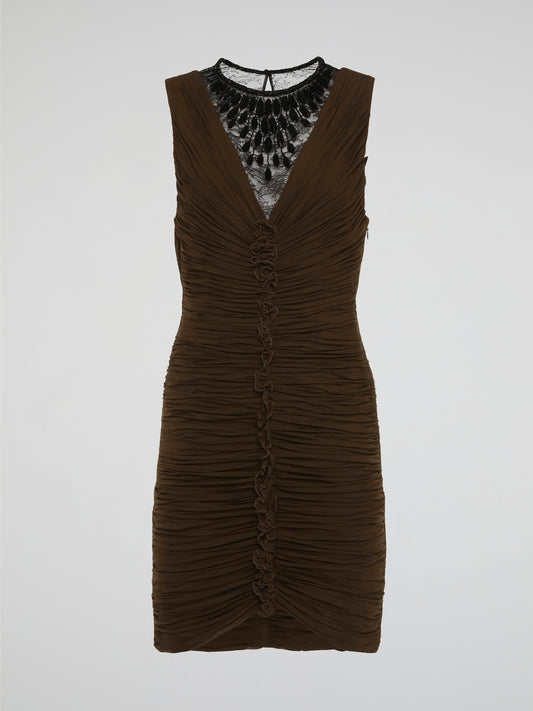 Elevate your evening attire with the sophisticated elegance of the Brown Lace Neckline Ruched Dress by Roberto Cavalli. The intricate lace neckline adds a touch of femininity, while the ruched detailing creates a flattering silhouette. Perfect for any special occasion, this dress exudes luxury and timeless style.