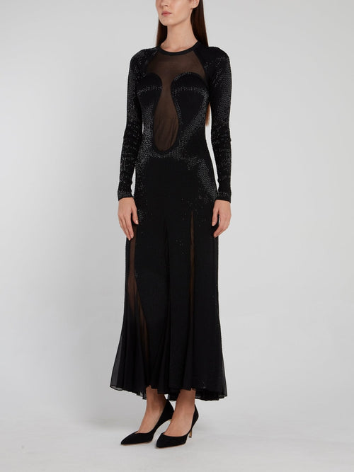 Black Beadwork Godet Maxi Dress