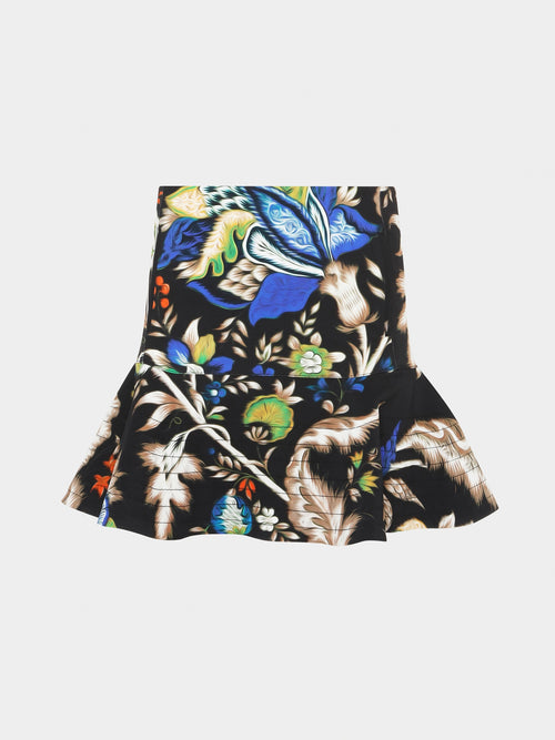 Feel fabulous and fierce in the Foliage Flared Mini Skirt by Roberto Cavalli, designed to make a statement with its bold, botanical print. This mini skirt is perfect for adding a touch of drama to your wardrobe, with its flirty flared silhouette that will have heads turning wherever you go. Embrace your inner wild side and elevate your style with this show-stopping piece from Roberto Cavalli.