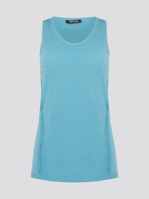 Dive into a sea of luxury with our Blue Sleeveless Top by Roberto Cavalli. Crafted from high-quality materials, this top exudes sophistication and style. Perfect for layering or wearing on its own, this top will elevate any outfit with its stunning blue hue and chic design.