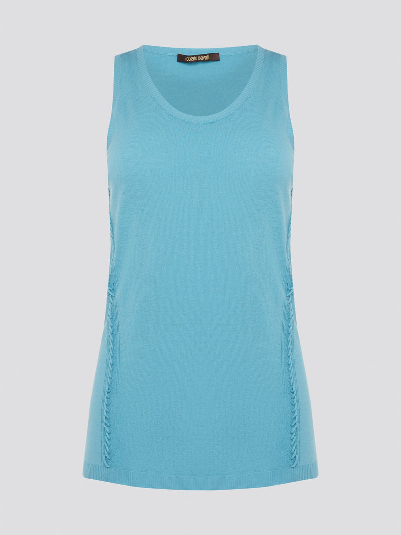 Dive into a sea of luxury with our Blue Sleeveless Top by Roberto Cavalli. Crafted from high-quality materials, this top exudes sophistication and style. Perfect for layering or wearing on its own, this top will elevate any outfit with its stunning blue hue and chic design.