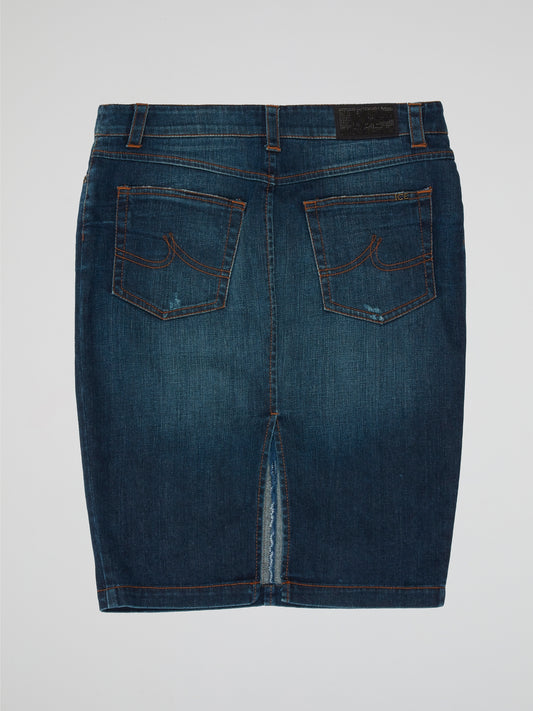 Blue Denim Pencil Skirt with Faded Detailing