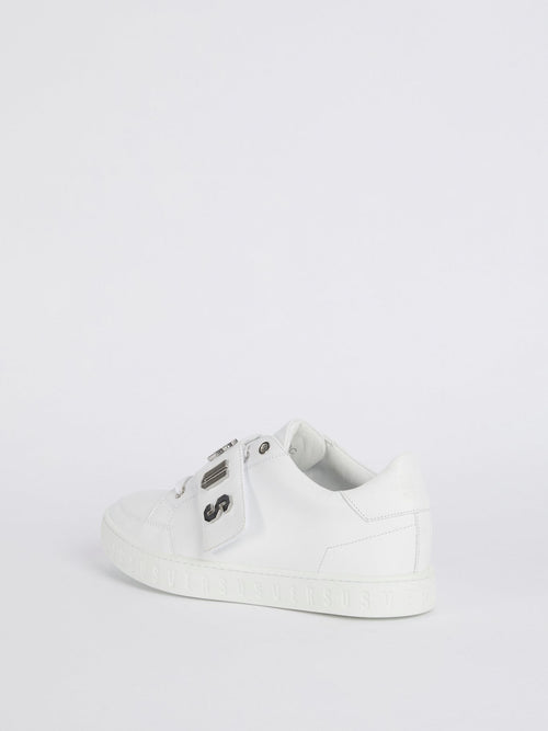 White Low Top Silver Logo Sneakers