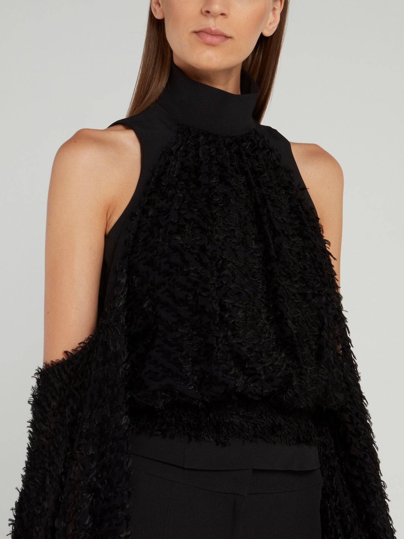 Black Cold Shoulder Fur Top