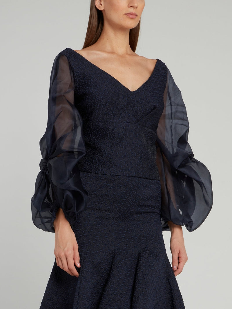 Navy Sheer Lantern Sleeve Top